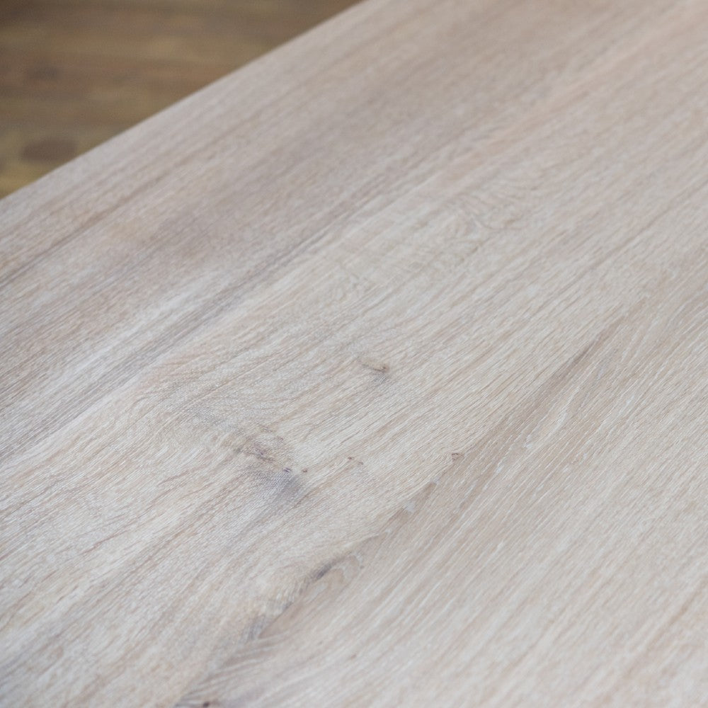 Close up of the British Prime Oak seat on our Avon bench in a raw oiled finish