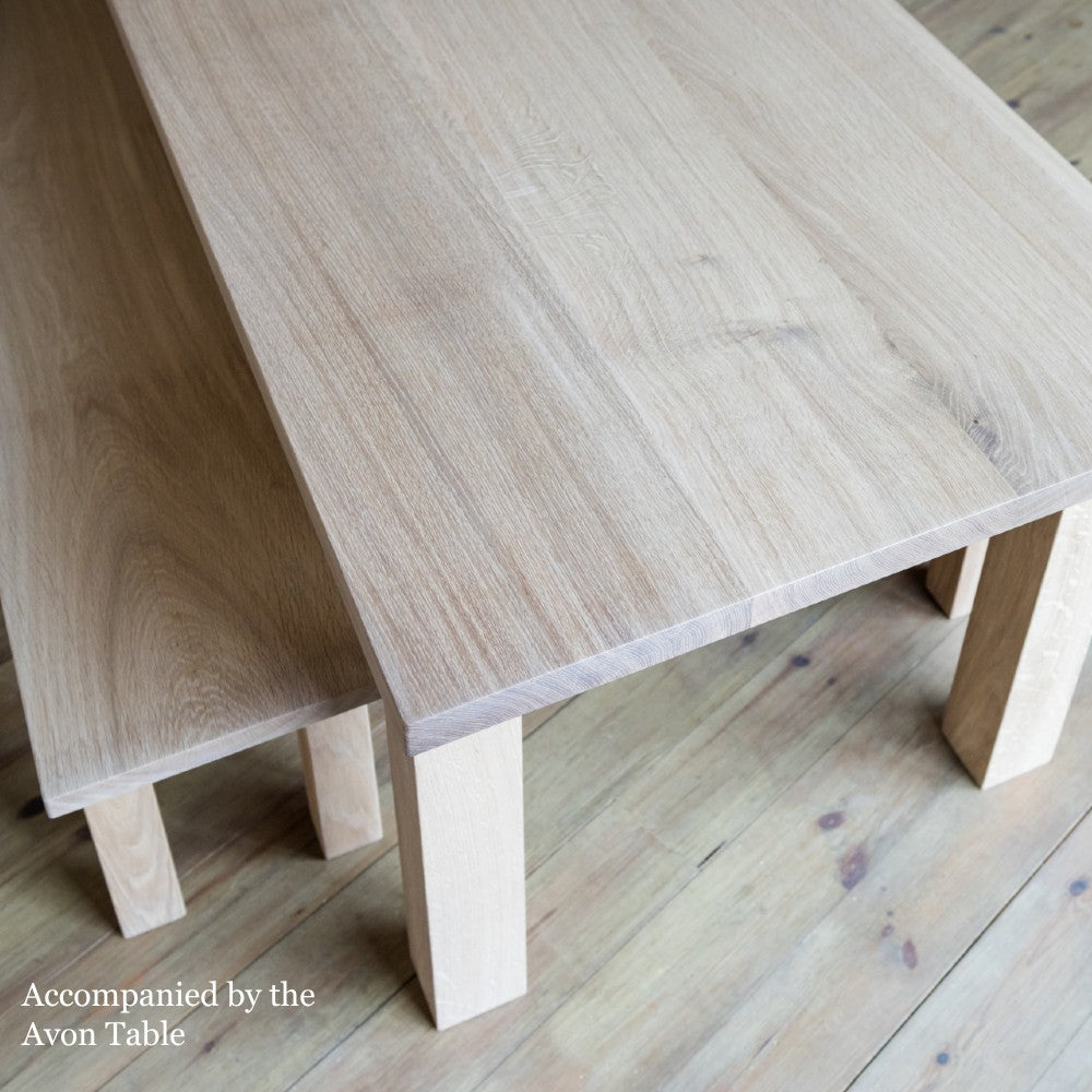 Top of the Avon bench and table in British Prime Oak and a raw oiled finish