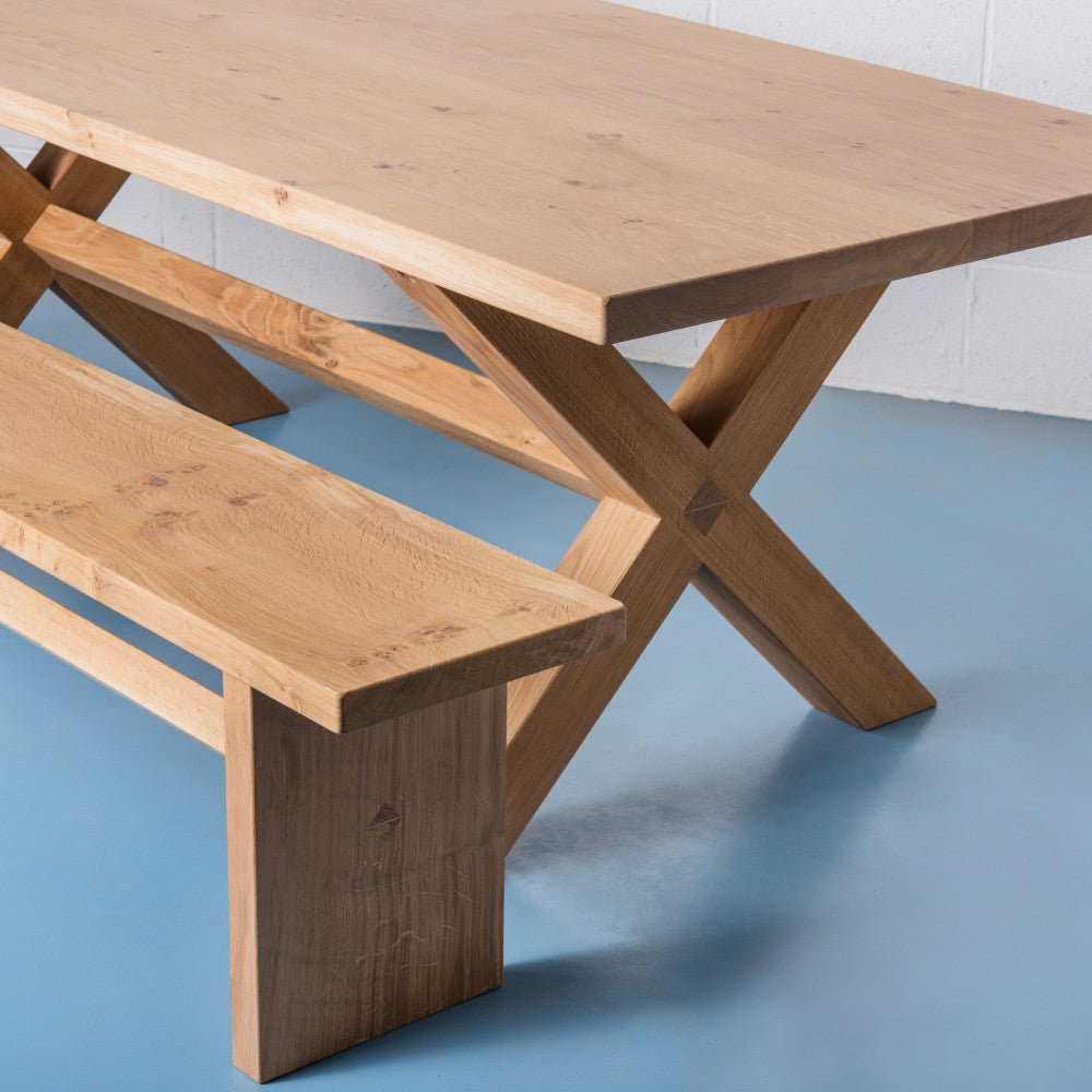 The Clawcross table and bench handmade in British Pippy Oak - by Orpago
