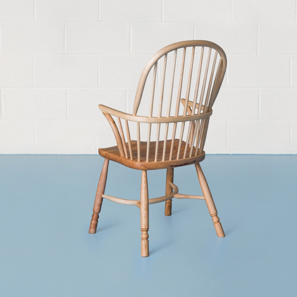 rear and side view of orpago hand made bespoke richmond kitchen dining armchair made from ash and a clear satin oiled finish