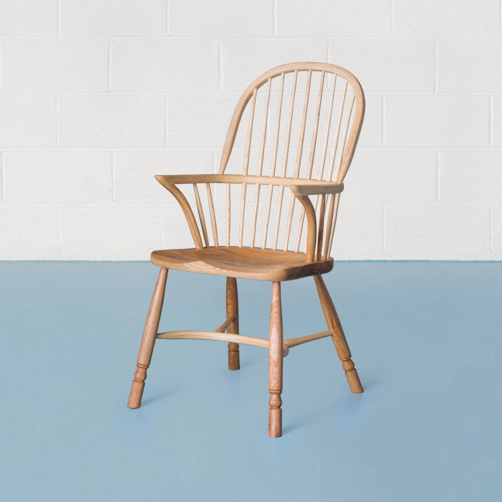 front and side view of orpago hand made bespoke richmond kitchen dining armchair made from ash and a clear satin oiled finish
