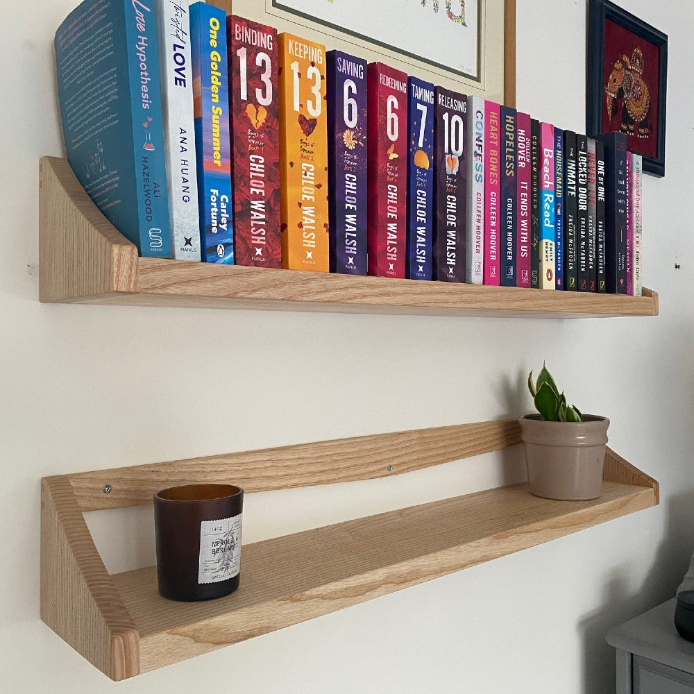 British Ash handmade book shelf with ends and back plate finished with a clear satin oil